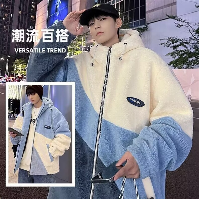 秋冬季羊羔绒外套拼色男连帽夹克帅气秋装保暖棉服MY204/P55图片