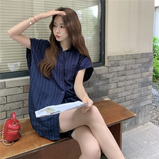 现货条纹翻领包肩衬衫+松紧腰短裤两件套2C239-H90-P145-K218，女装套装/套裙，2C239
