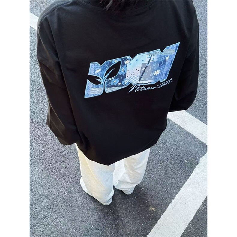 网图有货美式高街雏菊刺绣纯棉长袖T恤男女宽松情侣上衣A978-P38，男装T恤，星座1505