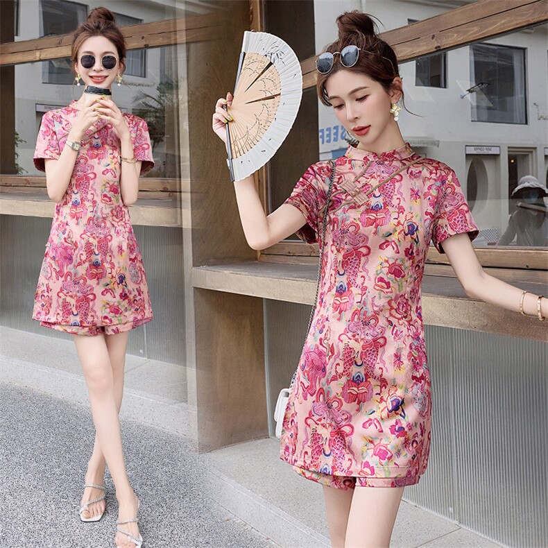 新中式国风连衣裙短裤套装女2025夏季新款复古印花改良旗袍两件套，女装套装/套裙，韩宇舍