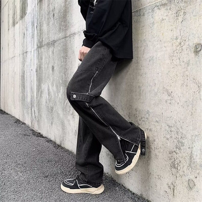 美式牛仔裤裤子vibe高街设计复古拉链直筒开叉宽松休闲长裤,男装牛仔裤,四季星座505