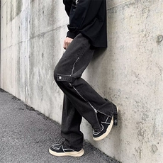 美式牛仔裤裤子vibe高街设计复古拉链直筒开叉宽松休闲长裤，男装牛仔裤，四季星座505