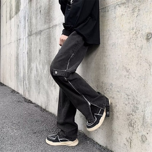 美式牛仔裤裤子vibe高街设计复古拉链直筒开叉宽松休闲长裤图片