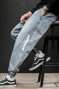 2021冬季日系马切达大码男印花拼接束脚加绒加厚牛仔裤N80161-P60图片