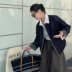 2025秋装新款复古休闲宽松圆领牛仔外套，女装牛仔外套，深水步