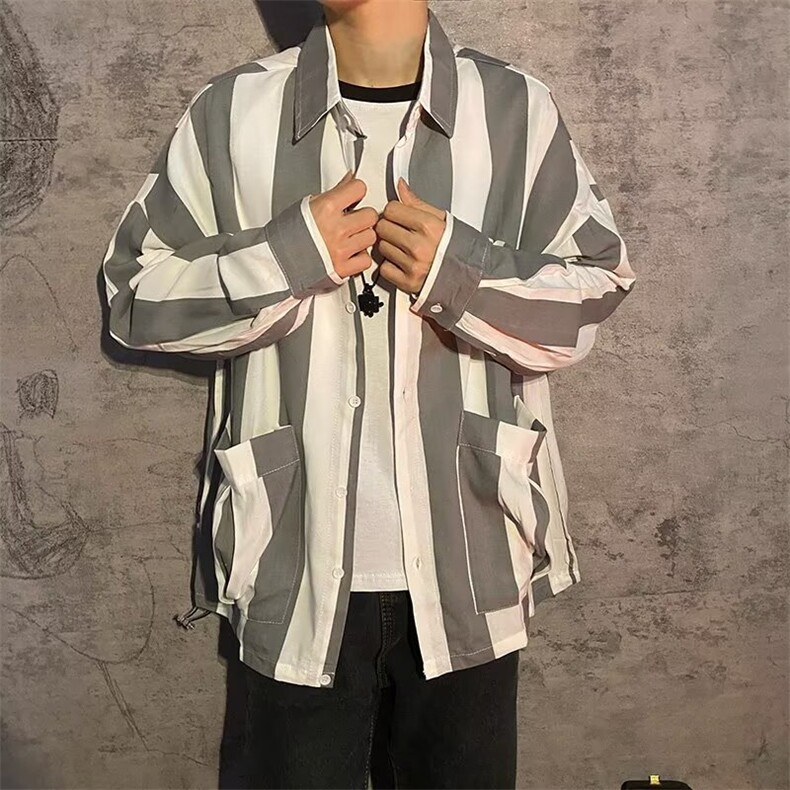 复古拼接口袋条纹衬衫男装长袖春季帅气休闲衬衣韩版宽松薄款外套图片