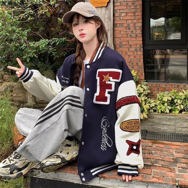 新款流行简约日系毛巾绣棒球服长袖外套原宿百搭文艺时尚潮流,女装短外套,星座1210-1