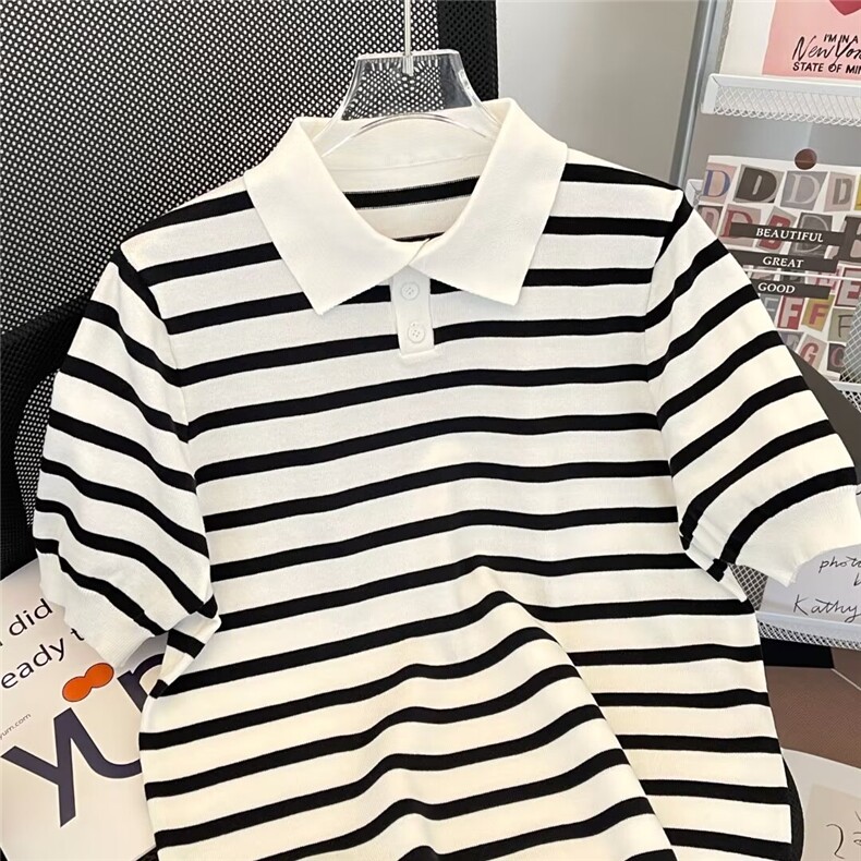 新款短袖polo衫男时尚翻领t恤百搭休闲半袖潮流条纹冰丝针织上衣,男装T恤,星座1013