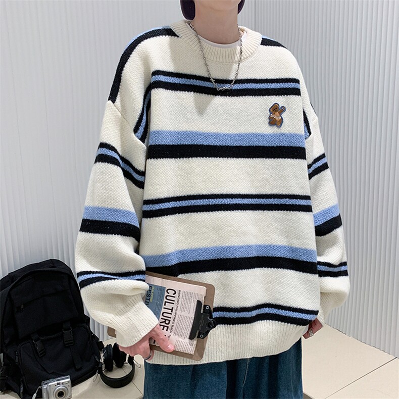 针织衫男韩版潮流条纹2023秋冬季新款ins宽松百搭毛衣W3571-P42图片