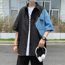 牛仔拼接短袖衬衫男潮牌宽松中性风半袖衬衣夏季休闲W911-P35，男装衬衫，星座512-2