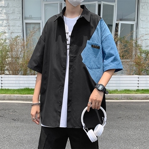 牛仔拼接短袖衬衫男潮牌宽松中性风半袖衬衣夏季休闲 W911-P35图片