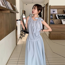浅蓝色甜美休闲轻薄套装裙女2025新款气质蝴蝶结上衣半身裙两件套，女装套装/套裙，维壹