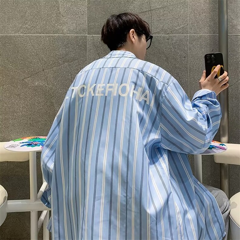 overesize条纹衬衫外套男薄款复古印花长袖RC92P38,男装衬衫,星座1116-2