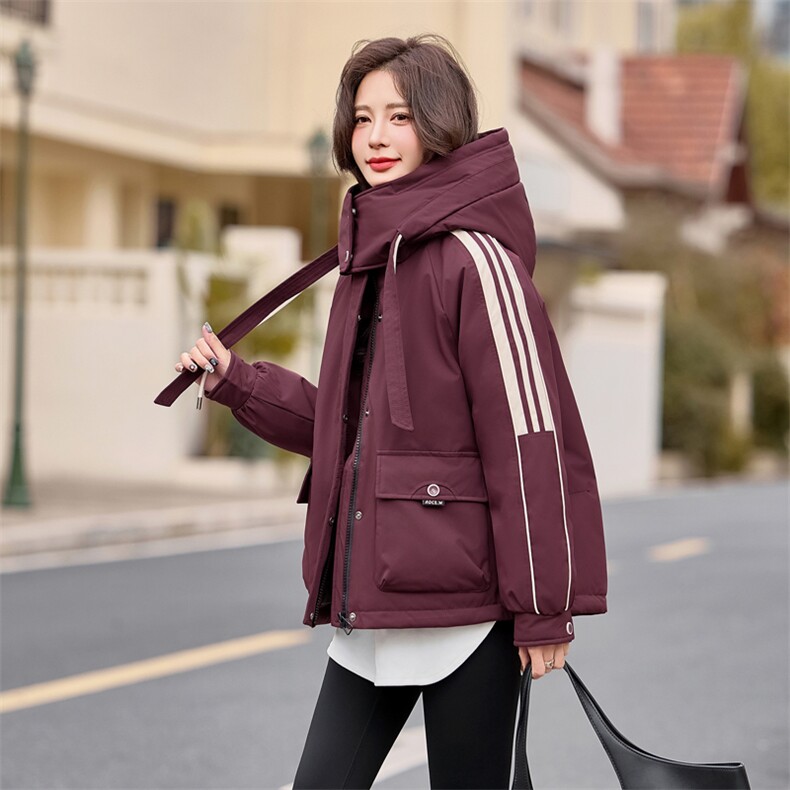 休闲时尚撞色工装派克羽绒服女2024冬新款加厚连帽保暖白鸭绒外套,女装羽绒服,采品优优