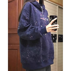 美式重工印花破洞透底斑驳感卫衣宽松连帽衫男W16114，男装卫衣，星座1116A（原606A-3）