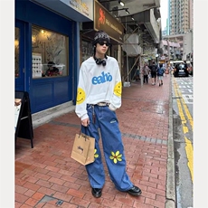 网络图美式复古小雏菊刺绣男夏季潮牌情侣阔腿裤子，男装休闲裤，星座716-3