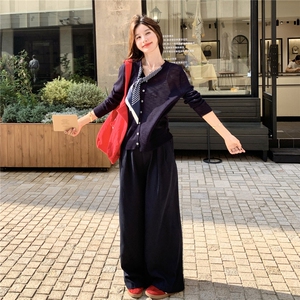 韩版宽松气质温柔针织衫两件套女春秋时尚高腰阔腿裤套装图片