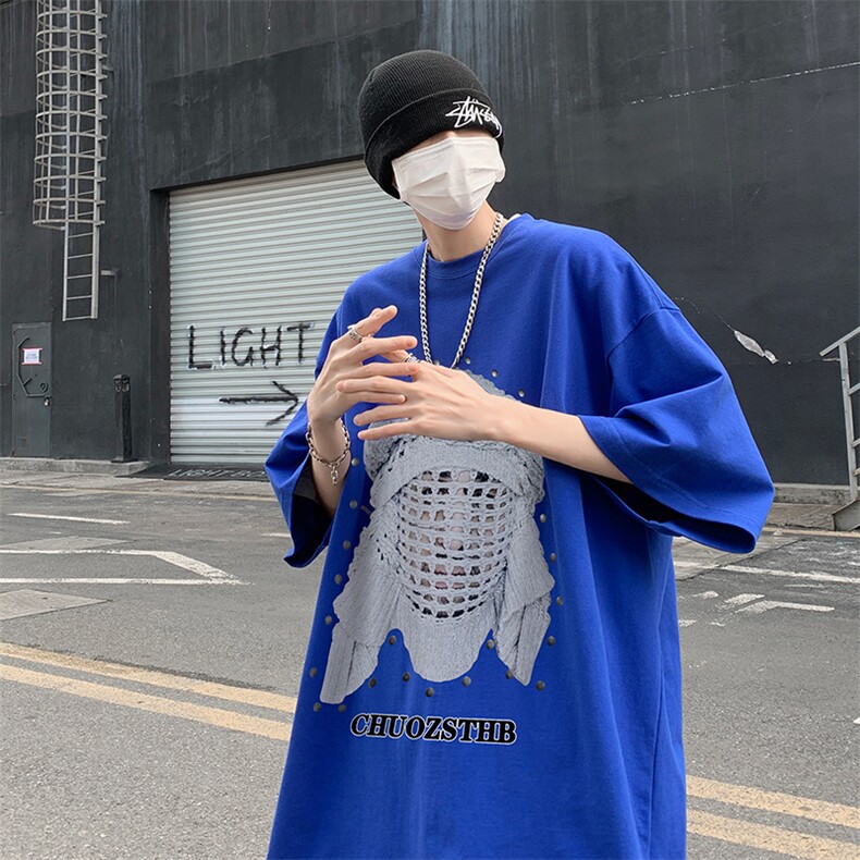 B239-1099-P25 美式柳钉人像印花 夏季高街重磅落肩袖 短袖T恤男图片