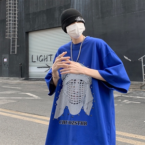 B239-1099-P25 美式柳钉人像印花 夏季高街重磅落肩袖 短袖T恤男图片
