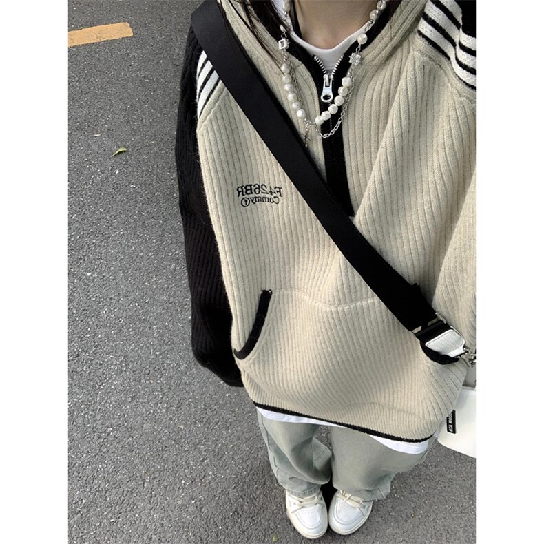 潮牌撞色插肩长袖连帽毛衣男女秋冬半开拉链针织衫外套M369,男装针织衫/毛衣,星座1116A（原606A-3）