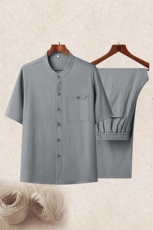 长年现货夏男中老年风轻薄衬衫棉麻套装中年短袖套装棉麻长裤，男装中老年男装，钱塘723