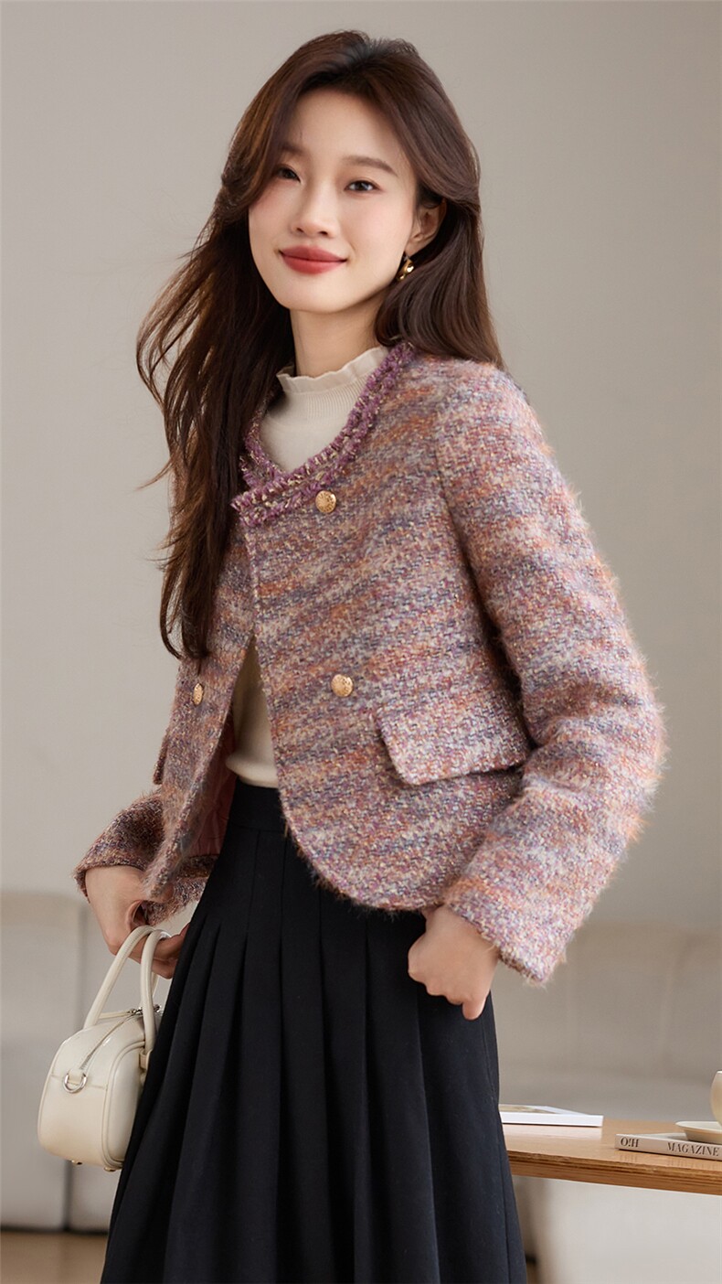 粗花毛呢小外套超短款外搭加棉女装上衣通勤气质小香风裙裤百搭款，女装毛呢外套，婵米儿