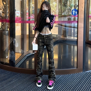 美式高街迷彩工装裤男款微喇裤子修身直筒高腰牛仔裤AM1757 P58图片