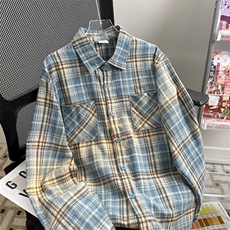 美式复古格纹长袖衬衫男女春秋水洗宽松休闲百搭外套CS0149-p33，男装衬衫，星座1008