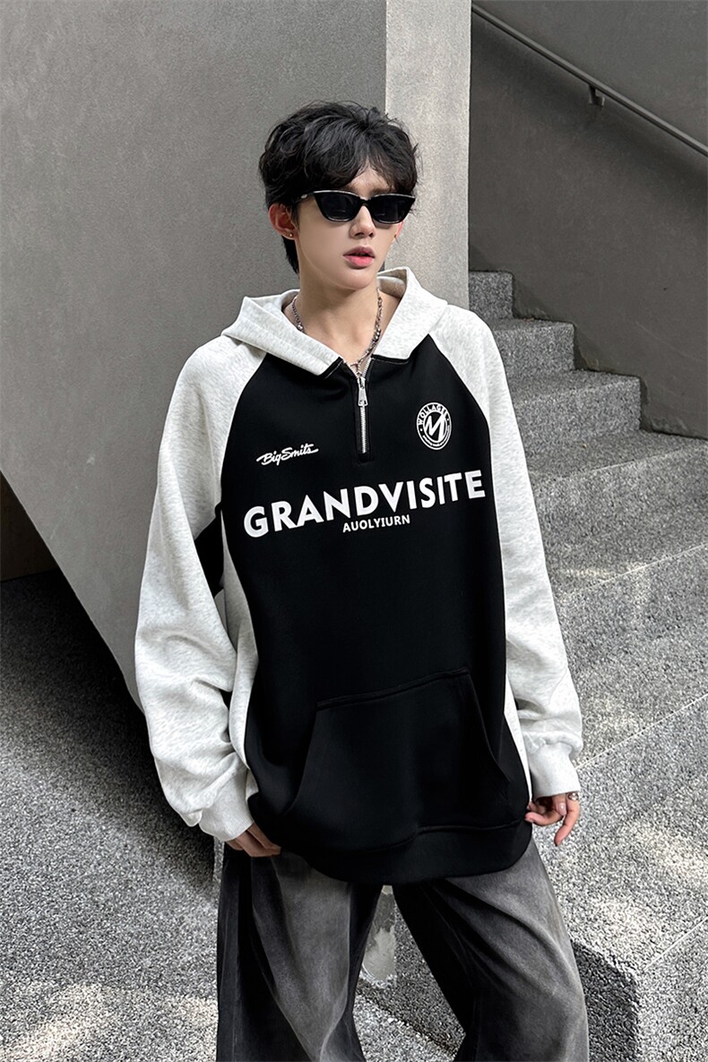 秋季宽松休闲拼接POLO套头卫衣潮外套XZ808B-WH085-P50,男装Polo衫,星座808B