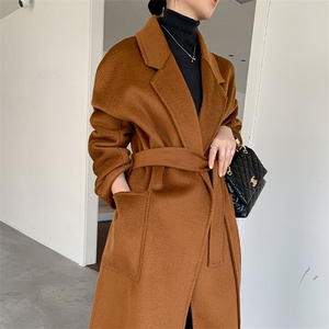玫瑰紫高端水波纹双面羊绒大衣女长款系带浴袍款秋冬赫本毛呢外套图片