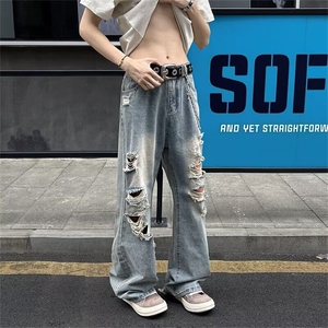 美式高街hiphop做旧重工破洞牛仔裤男女宽松显瘦微喇裤-B4125图片