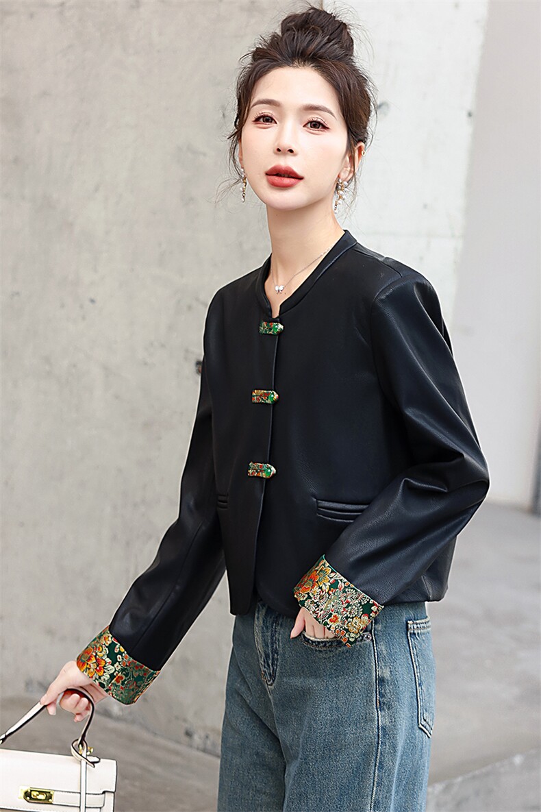 新中式设计感小个子皮衣2025春款新款女装国风复古短款外套上衣女,女装皮衣,天丝秀