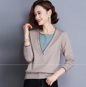 时尚百搭女士秋冬针织衫假两件长袖简约V领毛衣显瘦修身保暖上衣图片