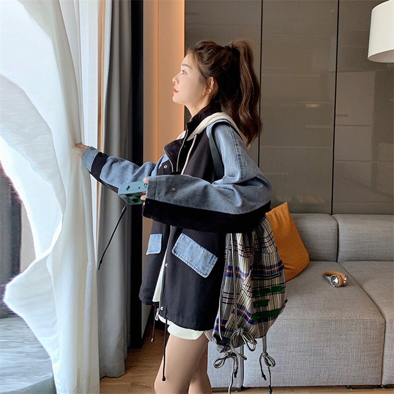 工装短款牛仔拼接连帽外套女春秋2025超火好看高级感小众夹克上衣,女装短外套,2C305