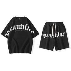 2025夏季新款运动服短袖T恤运动套装潮男痞帅一套搭配宽松短裤P45，男装T恤，星座1113