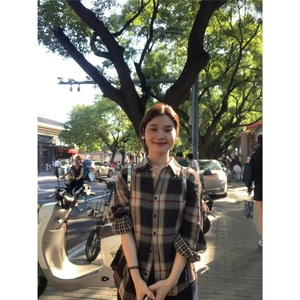 复古显白~双面慵懒格子衬衫女!秋韩系百搭宽松叠穿休闲衬衣薄外图片