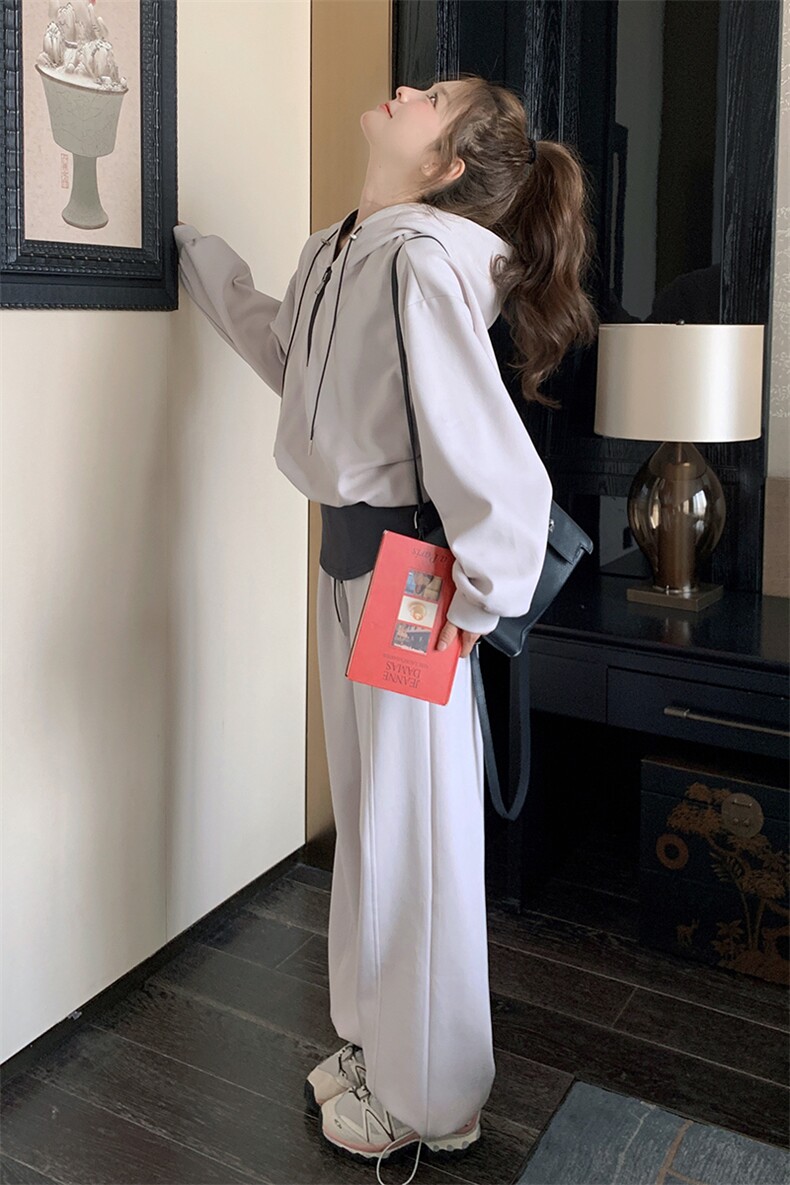 半拉链短款连帽卫衣配高腰束脚裤套装女2025春季新款高级感两件套,女装套装/套裙,2C305