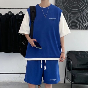 2022华夫格假两件短袖套装男薄款潮流半袖短裤T恤一套 T1151-P45图片