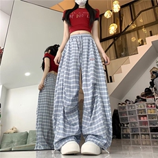 复古格子褶皱阔腿裤女夏季新款高腰显瘦百搭两穿直筒束脚KA8021，男装休闲裤，星座1116A（原606A-3）