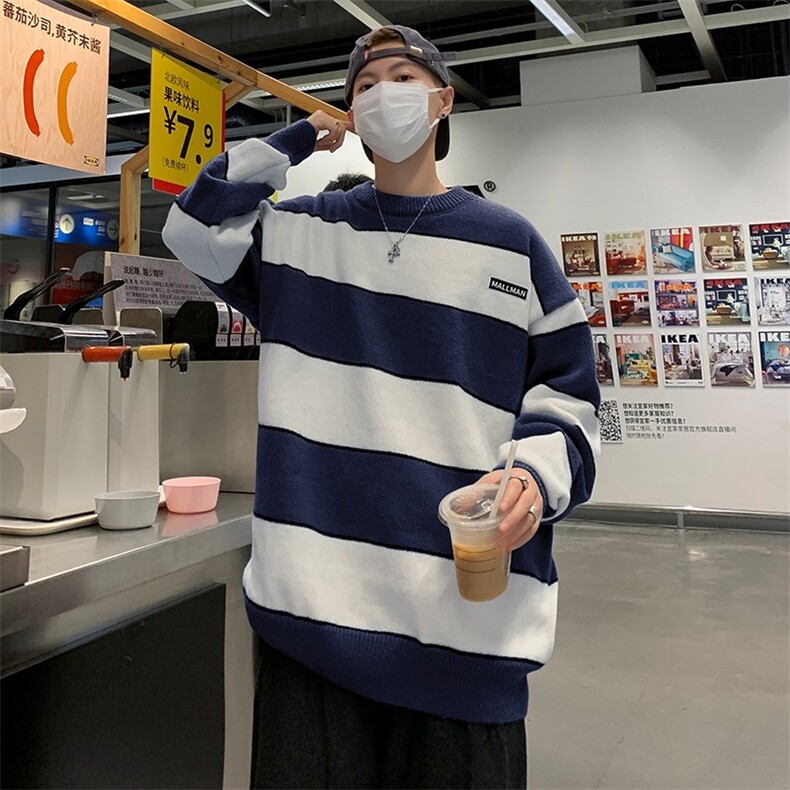 条纹撞色毛衣男秋冬季新款日系复古宽松休闲针织衫线衣M509/P48图片