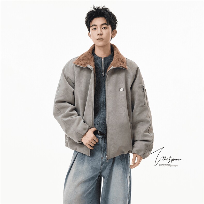 网图【一只幸福】美式高街vintage灰色保暖棉服工装PU皮P100,男装棉衣,星座1904A