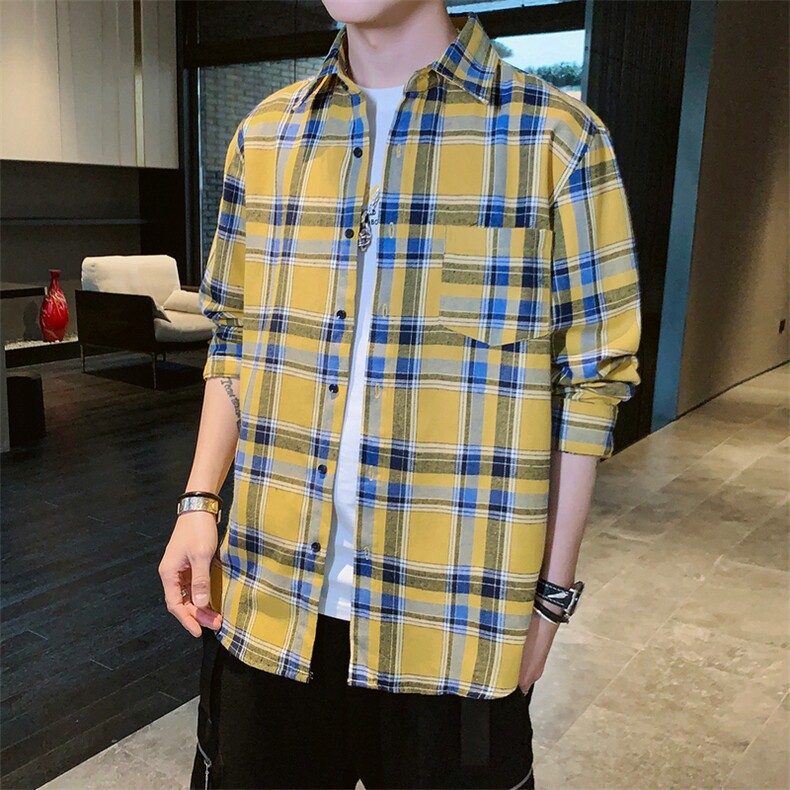 春季新款青少年长袖衬衫男士格子百搭衬衣帅气上衣服潮DS684T,男装衬衫,电商A102