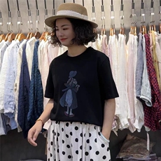 竹节棉背影女孩T恤百搭简约短袖，女装T恤，湘姗