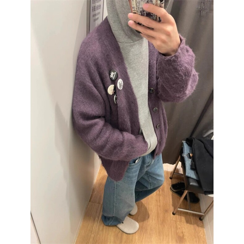 GC0893-P62紫色水貂毛开衫毛衣男秋冬高级痞帅宽松情侣针织衫外套,男装针织衫/毛衣,电商C233