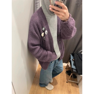 GC0893-P62紫色水貂毛开衫毛衣男秋冬高级痞帅宽松情侣针织衫外套图片