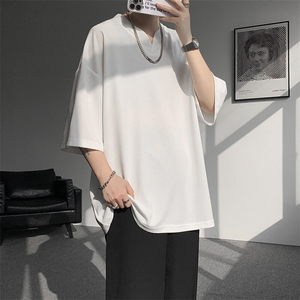 8XL-M短袖t恤男款夏季薄款垂感小V领七分袖加肥加大码DT005特P20,白色短袖短上衣搭配什么裙子好看图片