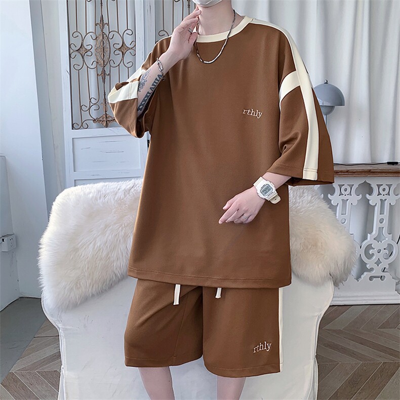 大码短袖T恤套装男潮流刺绣休闲运动五分裤两件套XZ80027-P70，男装休闲套装，电商A042