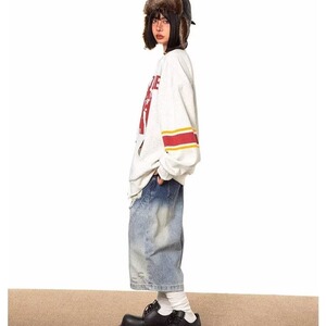 乞丐美式复古渐变水洗破洞牛仔七分短裤男女夏季直筒宽松阔腿中裤图片