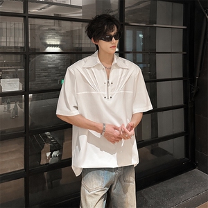 垫肩解构设计褶皱夏季小众短袖衬衫痞帅金属感T恤901P45