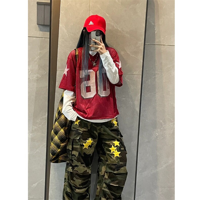 做工原版面料美式宽松透气网眼印花镂空圆领短袖T恤球衣男女T2301图片